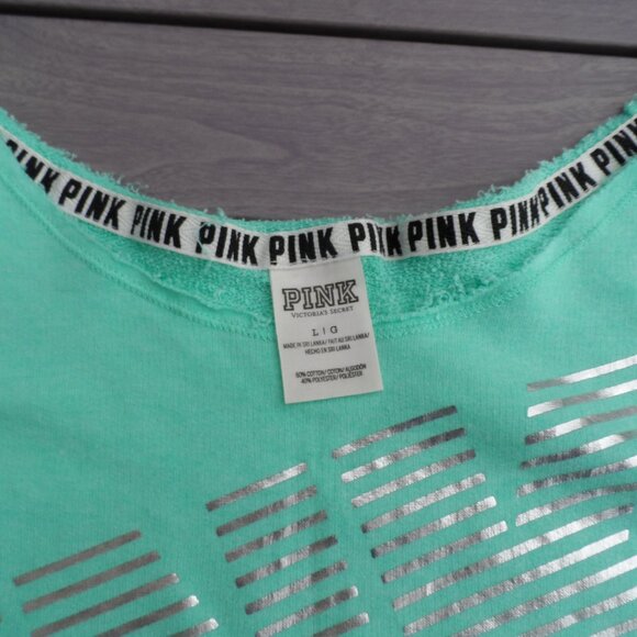 PINK Victoria's secret green crew neck sweater with silver accent Size L-$ 25 - Picture 2 of 3